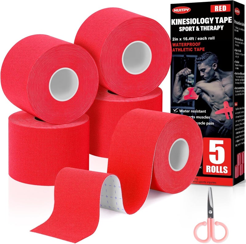 NUITPY 5 Rolls Kinesiology Tape, 2 inch x 16.4 Feet Waterproof Athletic Tape, Uncut Kinetic Tape, Muscle Tape, Sports Tape, Knee Tape for Exercise and Daily Use - Red - Image 1